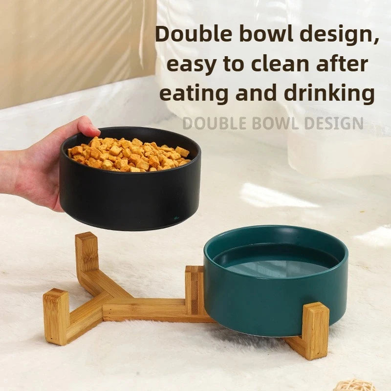 Ceramic Double Pet Bowl with Wood Stand - No Spill Food & Water Feeder for Dogs, Cats, Small & Large Pets