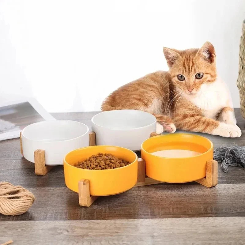 Ceramic Double Pet Bowl with Wood Stand - No Spill Food & Water Feeder for Dogs, Cats, Small & Large Pets