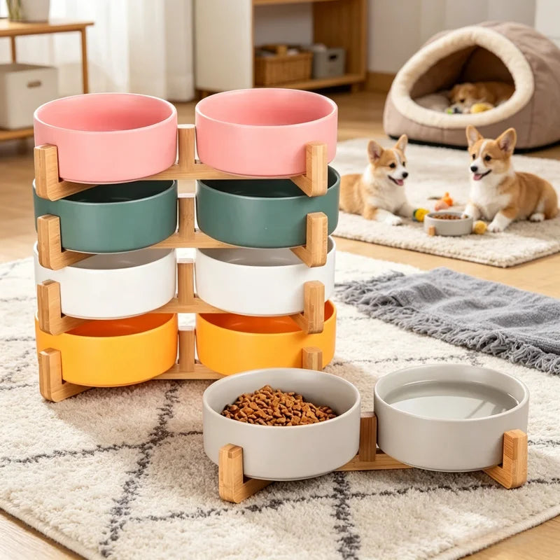 Ceramic Double Pet Bowl with Wood Stand - No Spill Food & Water Feeder for Dogs, Cats, Small & Large Pets