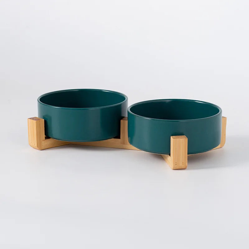 Ceramic Double Pet Bowl with Wood Stand - No Spill Food & Water Feeder for Dogs, Cats, Small & Large Pets